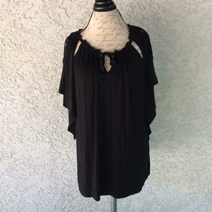 Mesmerize Cold Shoulder CutOut Slit Pleated Cinch Neckline Black Blouse Shirt👚